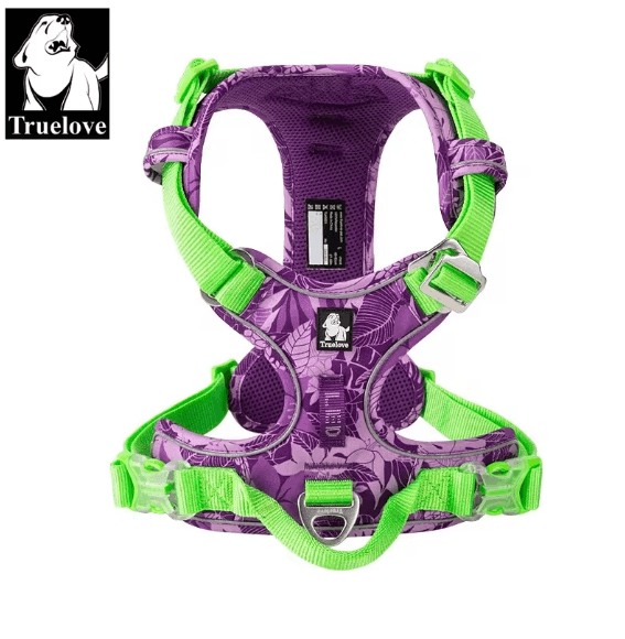 Purple and green dog harness with leaf pattern, featuring adjustable straps and metal clip.