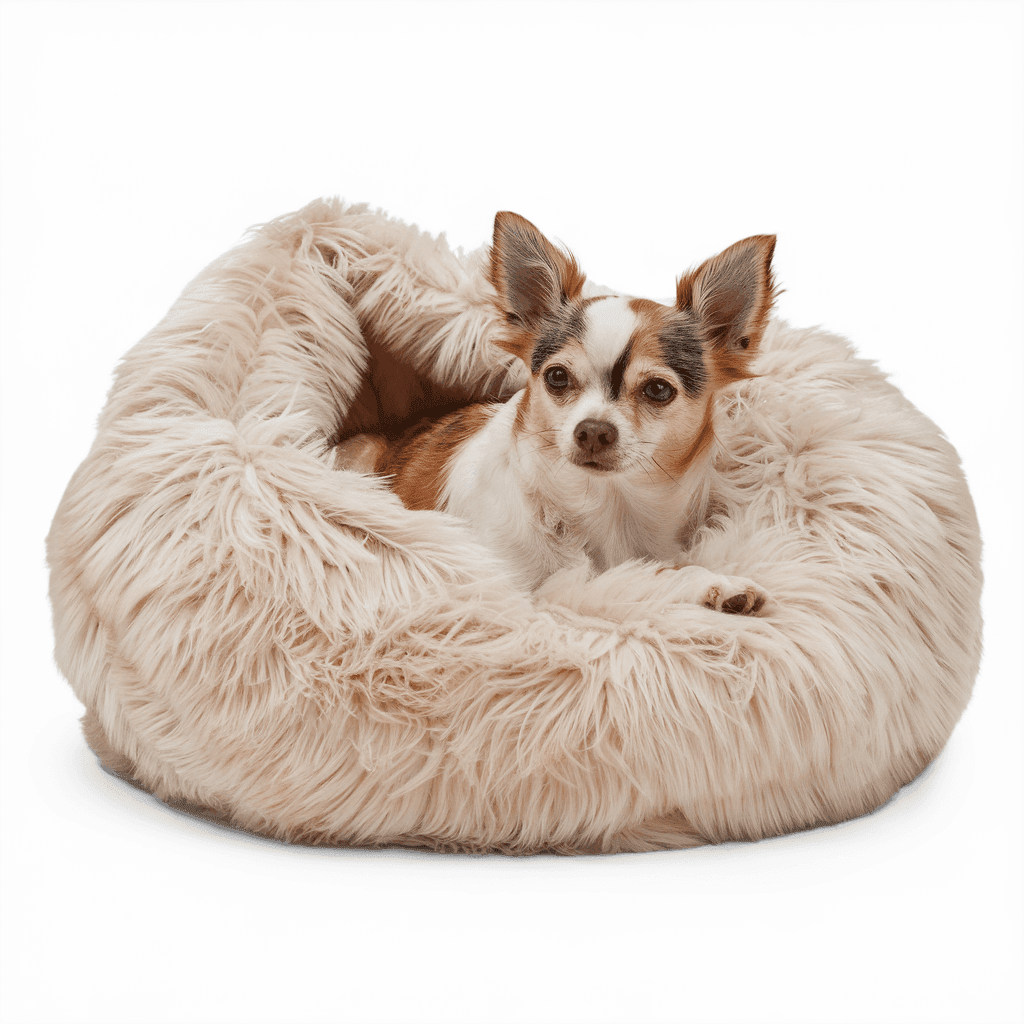 Small dog curled up in a fluffy, light-colored pet bed.